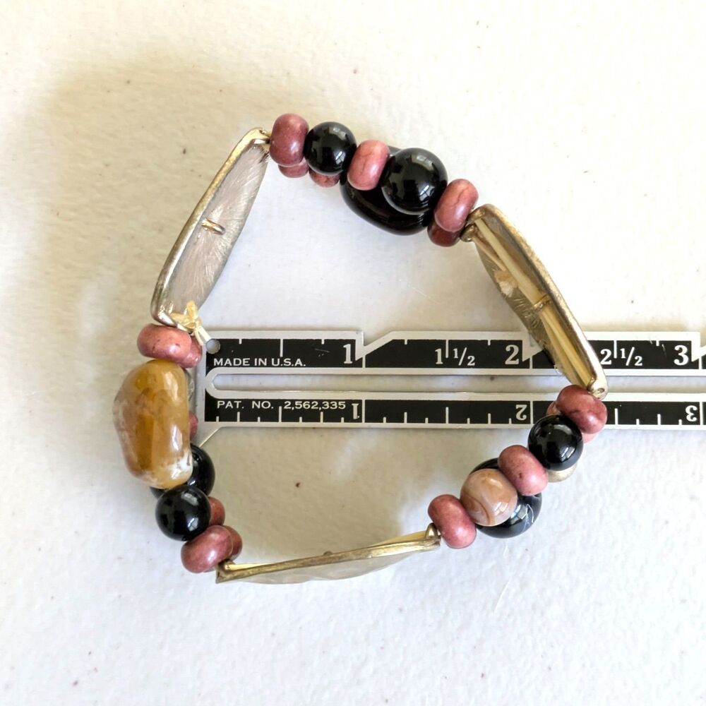 Chunky Hammered Gold Tone Panel Stretch Bracelet Faux Stones Beads 7" - Picture 8 of 9